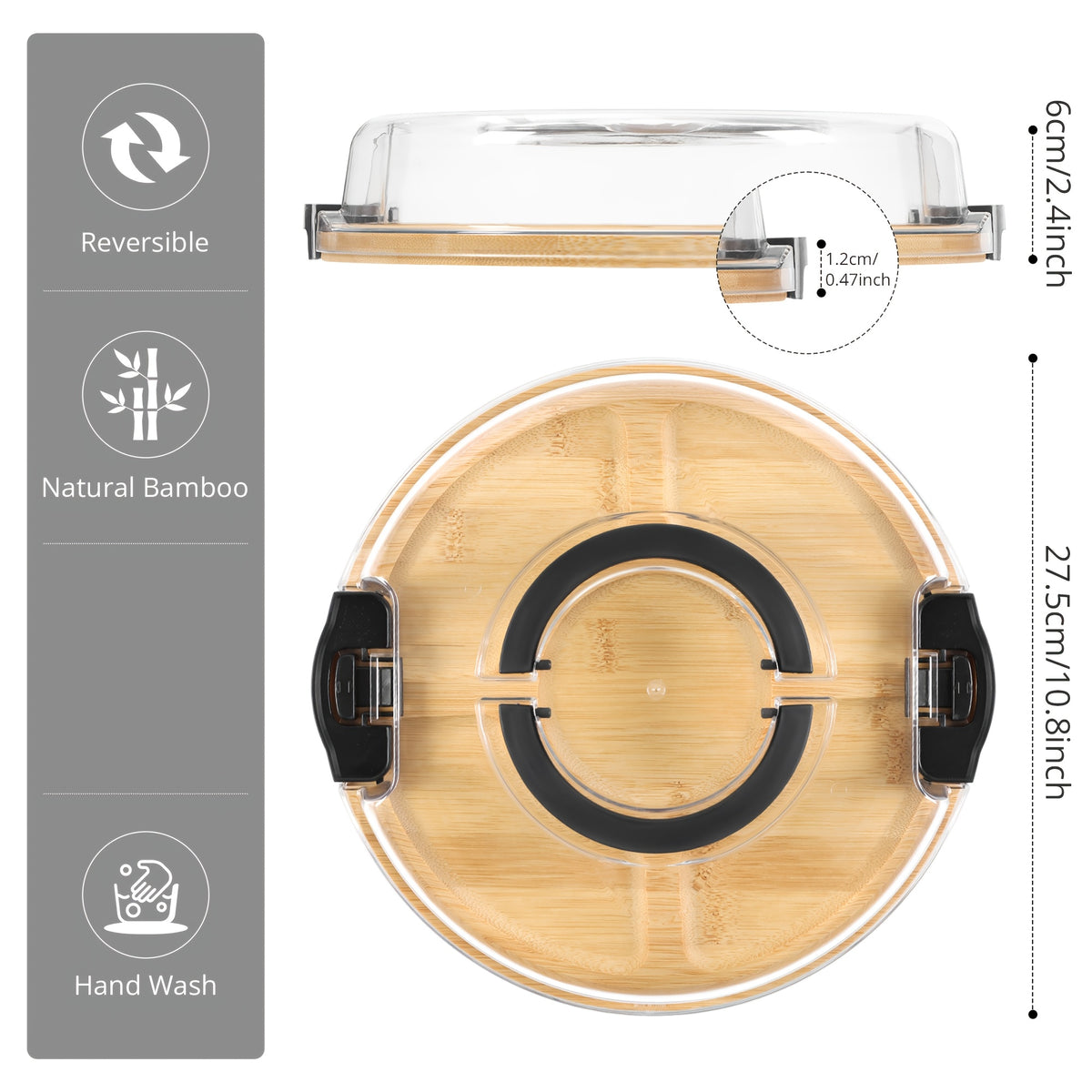 Bamboo Charcuterie Board with Clear Lid & 5 Compartments – Serving Platter Tray with Handle, Side Locks & Reusable Snack Board for Cheese, Fruit, Crackers, Appetizers, Party & Holiday Gatherings