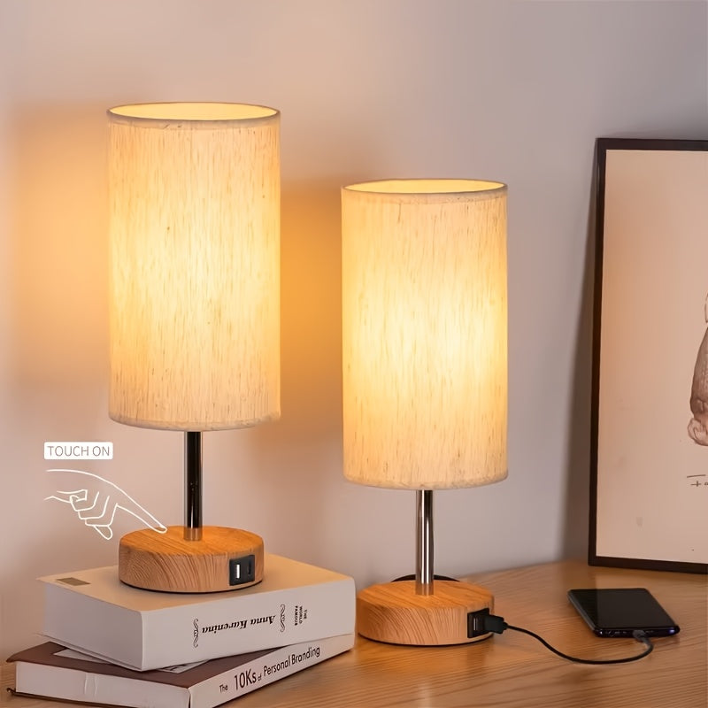 Dimmable Touch Bedside Table Lamp with Wood Base & USB-C Port – 3-Way Touch Control, Round Burlap Shade, A19 LED Bulb Included, 1/2 Pack