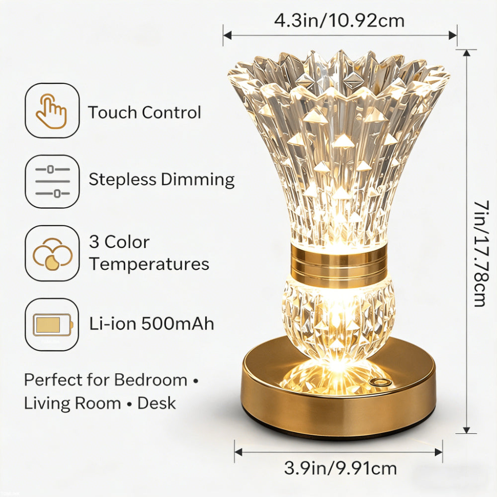 Crystal Table Lamp 2-in-1 Vase & Ambient Light USB Rechargeable Cordless Dimmable Touch Control 3 Color Modes - Bedside Nightstand Desk Lamp for Bedroom Living Room Home Office Decor