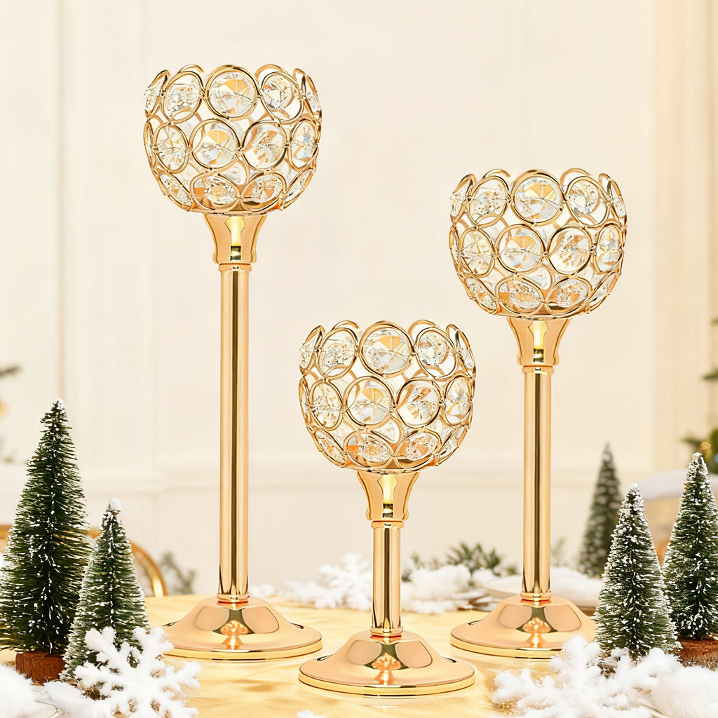 3-Piece Crystal & Metal Candle Holders Set – Windproof Elegant Taper Candle Holder for Christmas, Halloween, Wedding Centerpiece, Romantic Dinner, Anniversary & Birthday Home Decor Gift