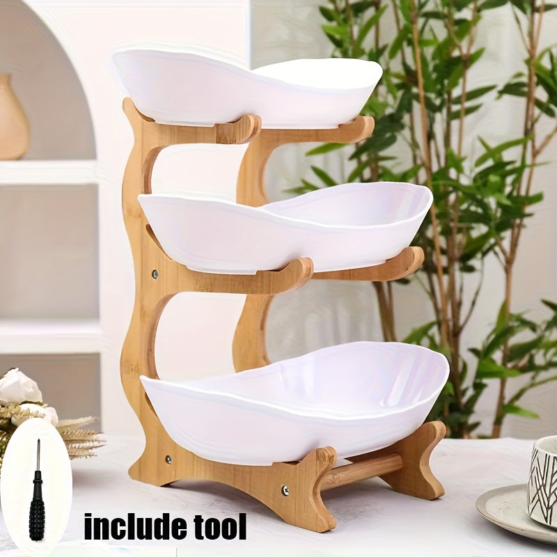 Stackable Tiered Fruit Plate with Wood-Look Design, 2 or 3 Tier Plastic Serving Tray Stand for Snacks, Bread & Fruit, Space-Saving Living Room Kitchen Countertop Organizer, Easy to Assemble
