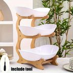 Stackable Tiered Fruit Plate with Wood-Look Design, 2 or 3 Tier Plastic Serving Tray Stand for Snacks, Bread & Fruit, Space-Saving Living Room Kitchen Countertop Organizer, Easy to Assemble