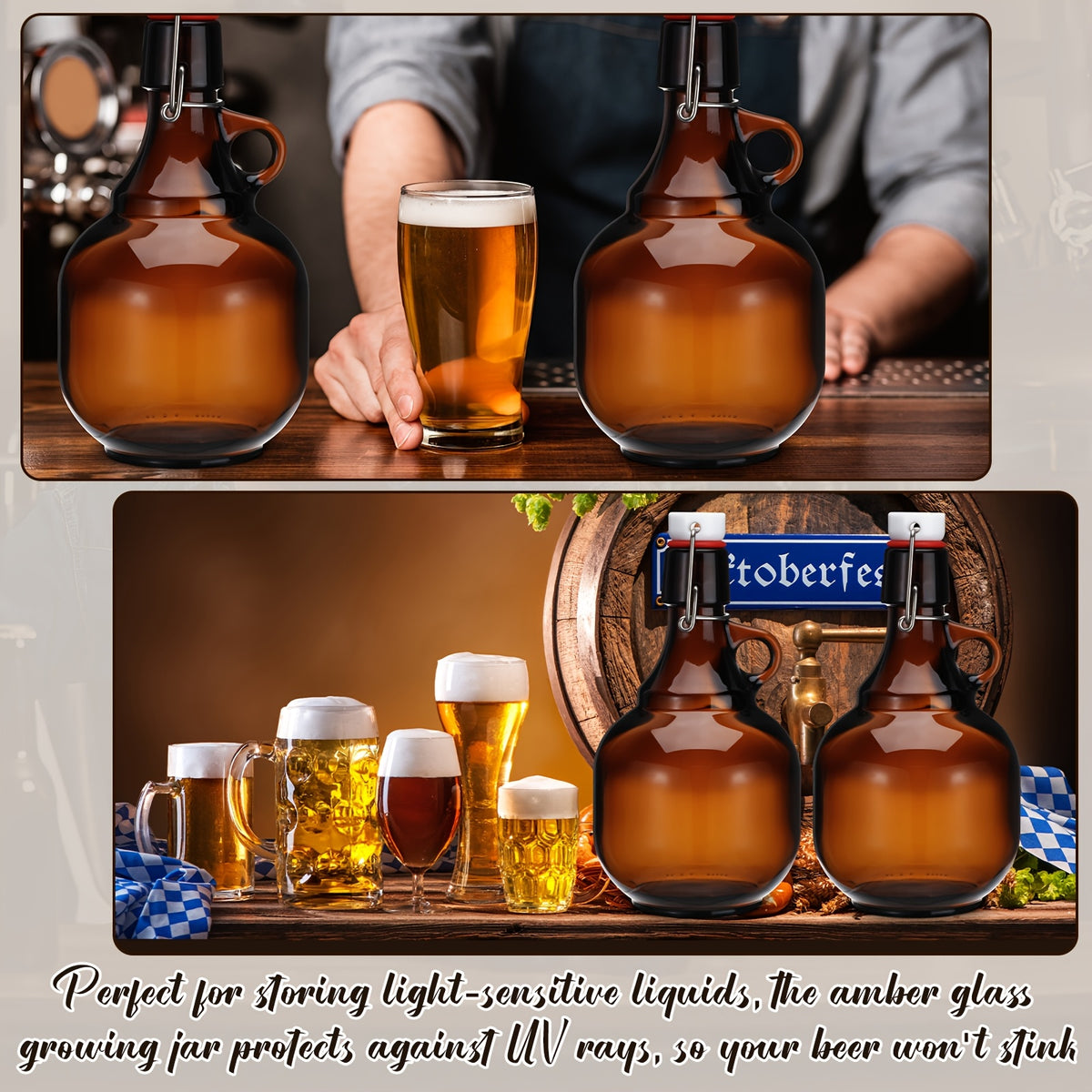 Amber Glass Growlers for Beer, Set of 4 – 34oz, Home Brewing, Fermentation & Storage for Soda, Cider & Wine, PVC-Free