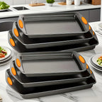 Non-Stick Baking Sheet Set with Silicone Handles – Heavy Carbon Steel Cookie Trays, Stackable, Assorted Sizes, 2/3/6/12/24 Pack for Baking & Roasting