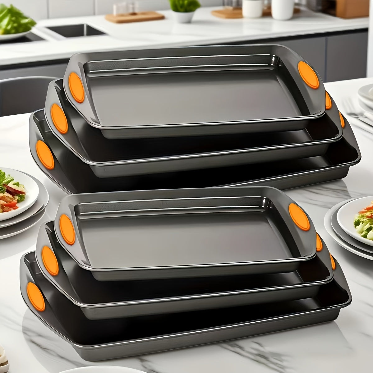 Non-Stick Baking Sheet Set with Silicone Handles – Heavy Carbon Steel Cookie Trays, Stackable, Assorted Sizes, 2/3/6/12/24 Pack for Baking & Roasting