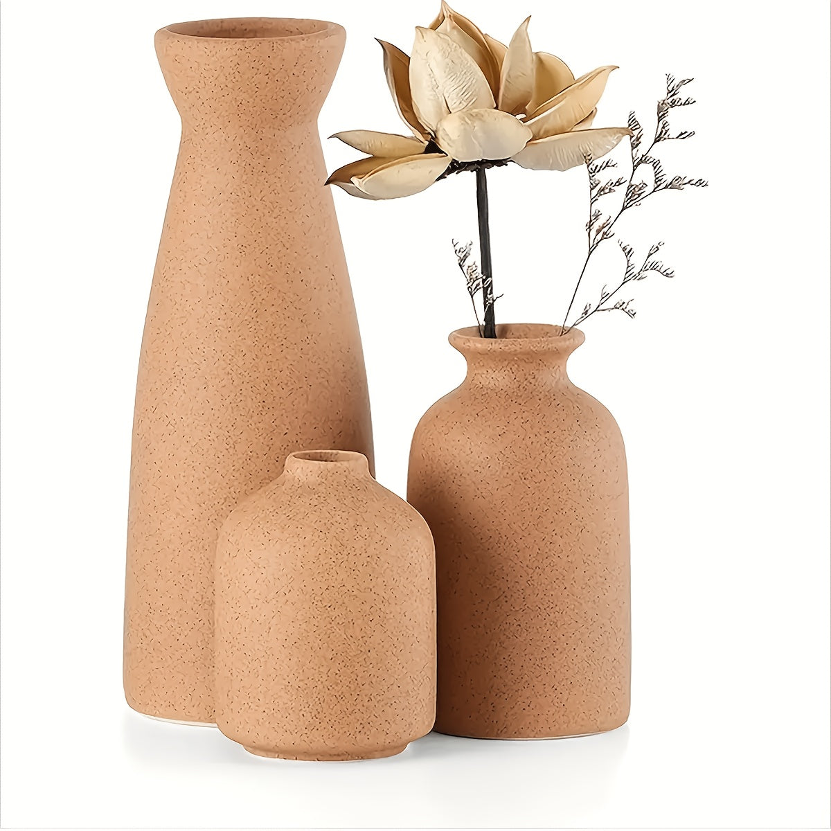 Boho Ceramic Vase Set 3pcs Matte Nordic Minimalist Geometric & Floral Designs, Decorative Vases for Living Room, Entryway, Bookshelf, TV Console & Bathroom Vanity, Holiday & Birthday Gift