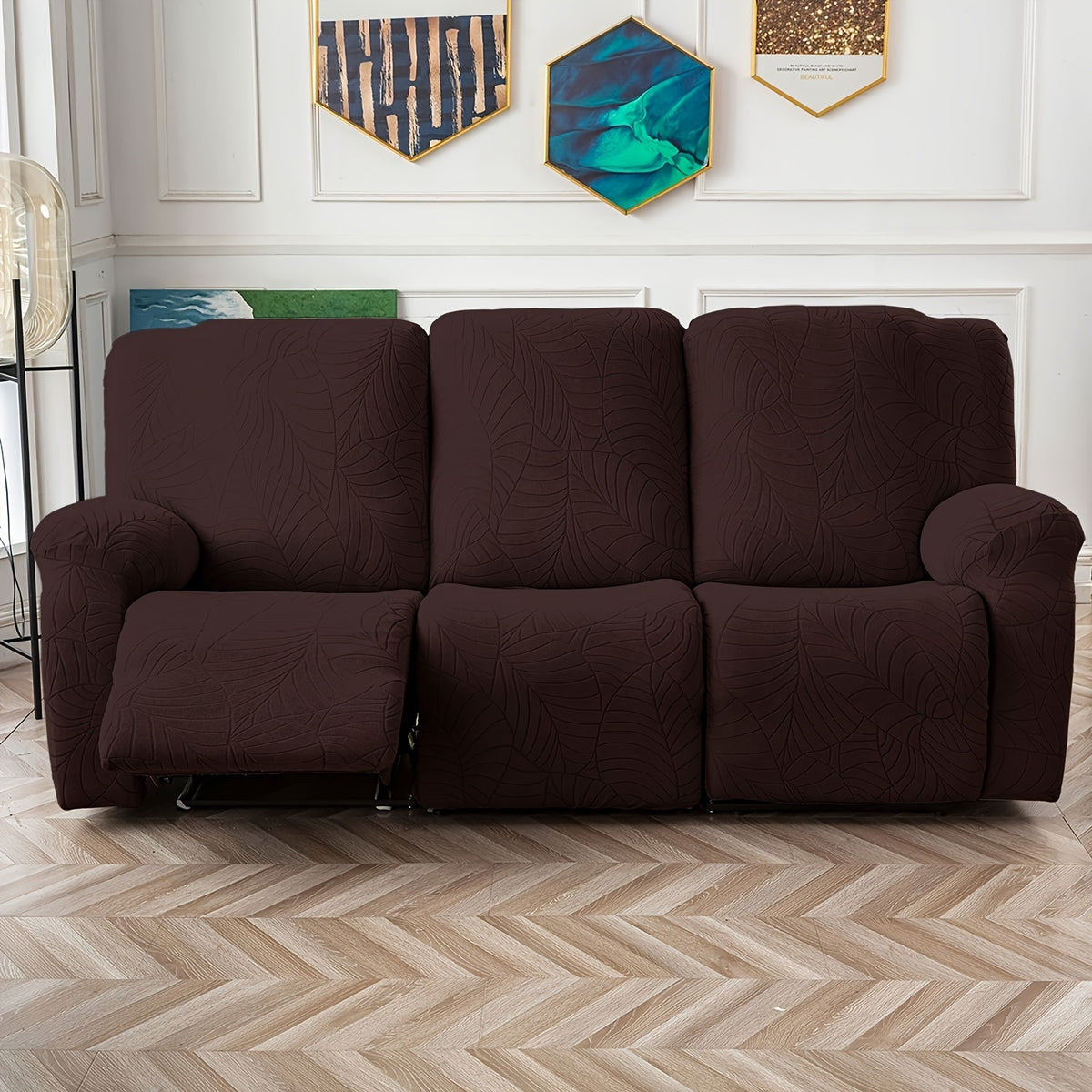 Jacquard Stretch Recliner Sofa Cover – Big Leaves Pattern, 1/2/3 Seater & Loveseat with Console, Winter Insulation Soft Washable, 6 Colors