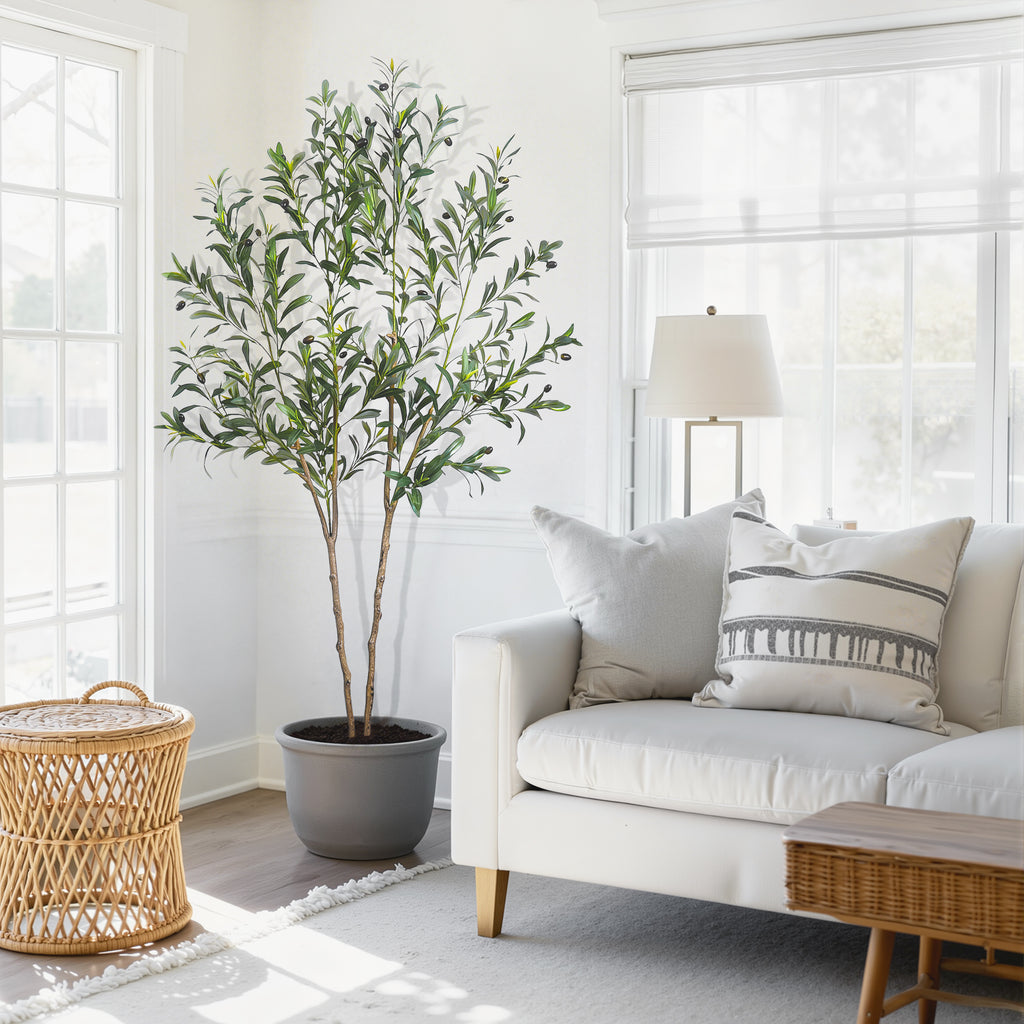 Tall Artificial Olive Tree 5/6/7FT Thick Trunk Indoor Faux Olive Plant with Lush Leaves & Berries for Living Room, Kitchen & Home Decor, Spring Summer Decoration