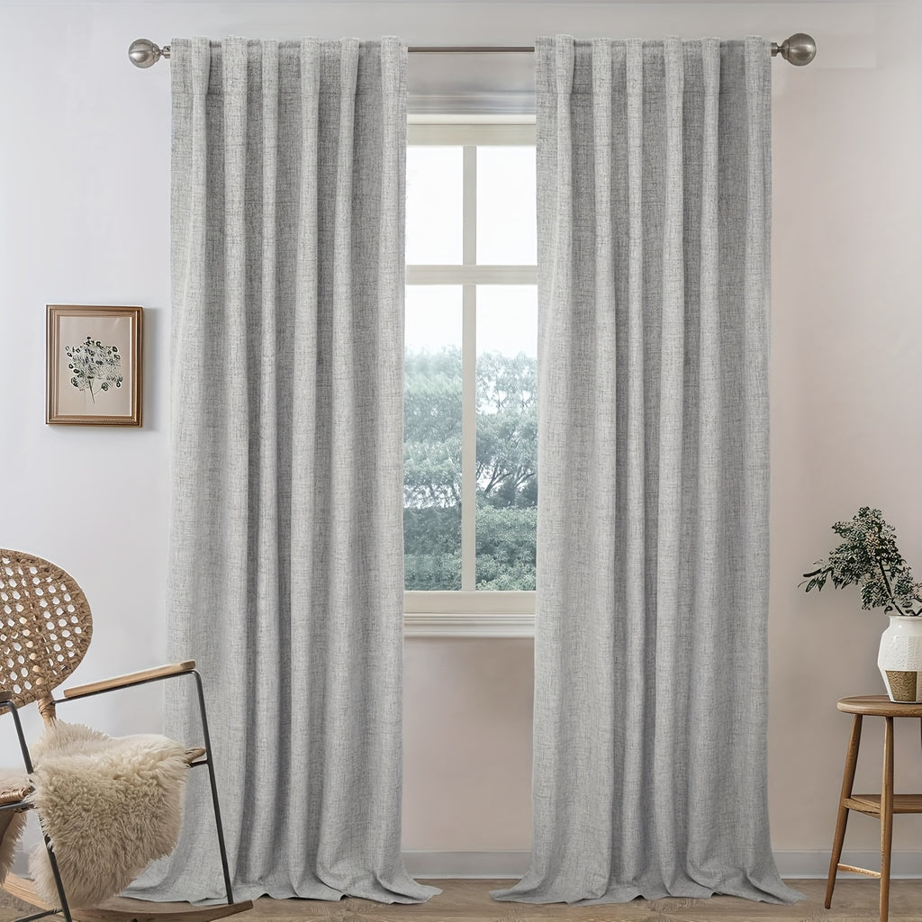 Linen Blackout Curtains 2 Panels – 100% Light Blocking Farmhouse Thermal Insulated Drapes, Rod Pocket Back Tab Ring Clips, Machine Washable, Living Room Bedroom, 9 Colors Multiple Sizes