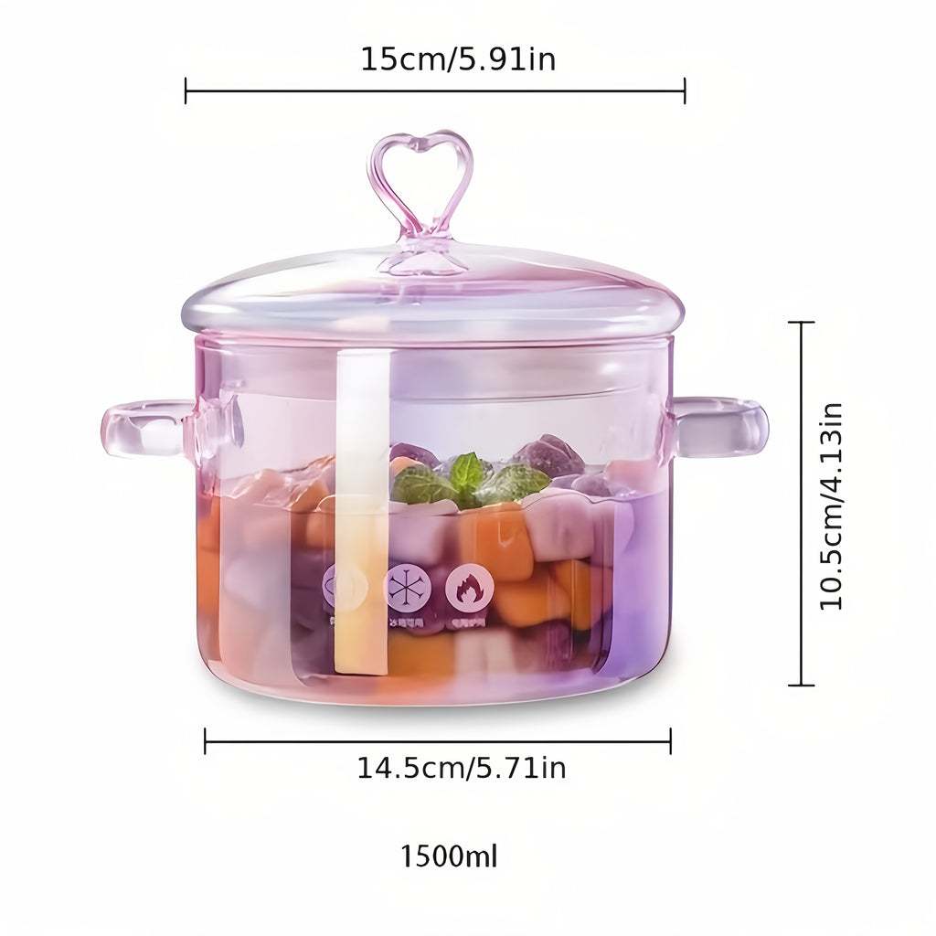 Pink Glass Cooking Pot 1500ml with Heart-Shaped Lid Boiling Stewing Multi-Function Glass Pot for Pasta Soup Congee Noodles Compatible with Electric Ceramic Stovetop
