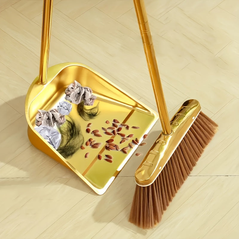 Golden Stainless Steel Broom and Dustpan Set – Standing Upright Floor Sweeper for Home, Office, Patio, Garden & Restaurant