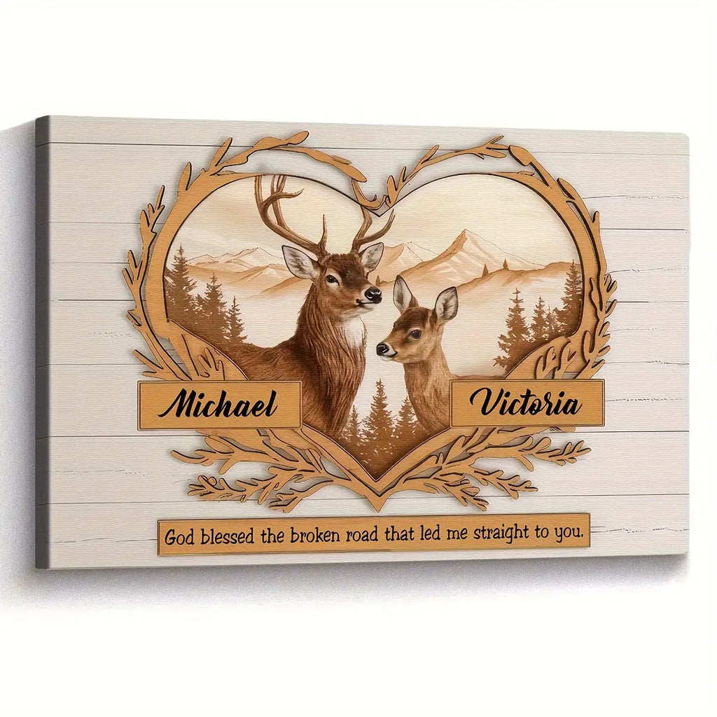 Personalized Couples Canvas Wall Art - Custom Deer & Mountains 2D Flat Print with Two Names, Romantic Gift for Couples, Anniversary Wedding Bedroom Decor