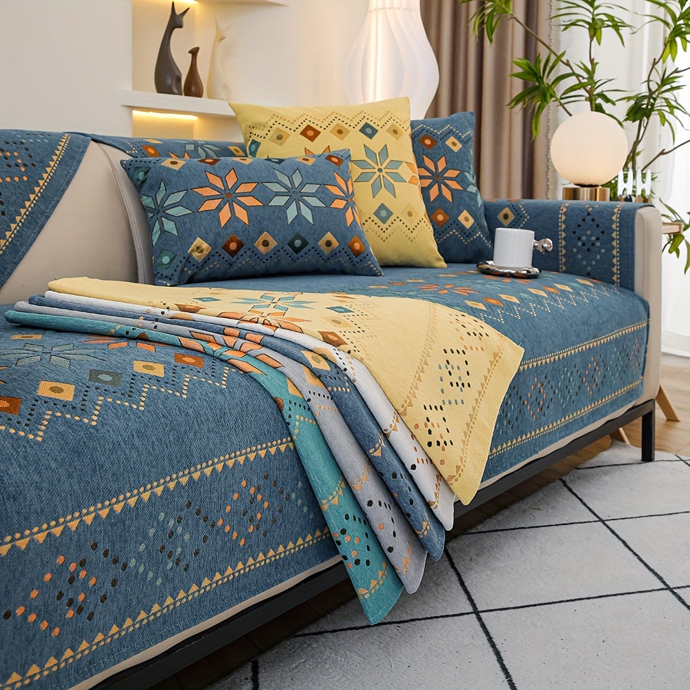 Embroidered Chenille Sofa Slipcover Bohemian Geometric Floral Pattern | Non-Slip Machine Washable Couch Cover for 1-2-3-4 Seater with Armrest & Pillow Cover Options, 6 Colors