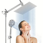 High Pressure Rainfall Shower Head & Handheld Combo 10/12 Inch Round or Square, 4-Spray Settings, 13-Inch Adjustable Arm, 78-Inch Hose & No-Drill Adhesive Holder – Chrome & Black