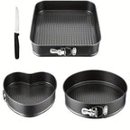 Non-Stick Springform Cake Pan Set - Carbon Steel Round & Heart-Shaped Baking Pans with Removable Bottom, Easy-Release, 3pc or 6pc Set, Black