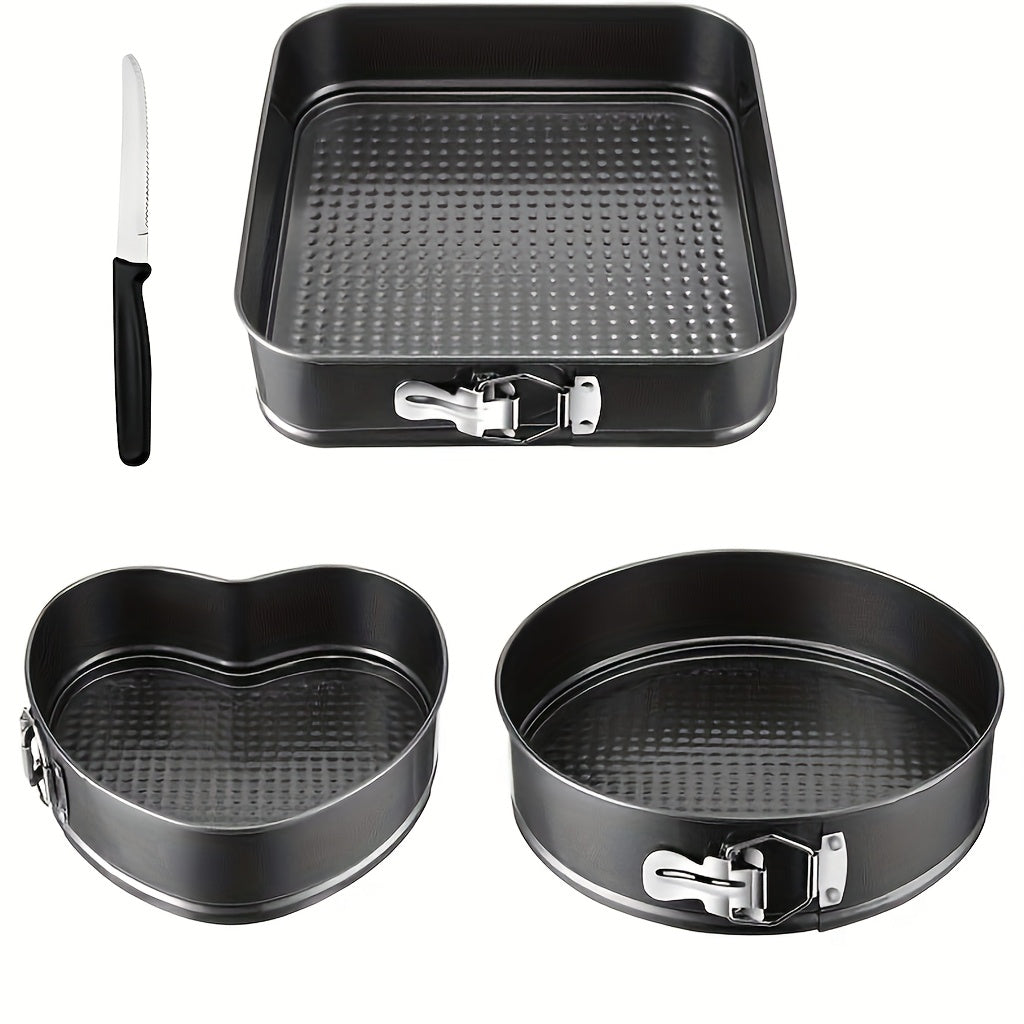 Non-Stick Springform Cake Pan Set - Carbon Steel Round & Heart-Shaped Baking Pans with Removable Bottom, Easy-Release, 3pc or 6pc Set, Black