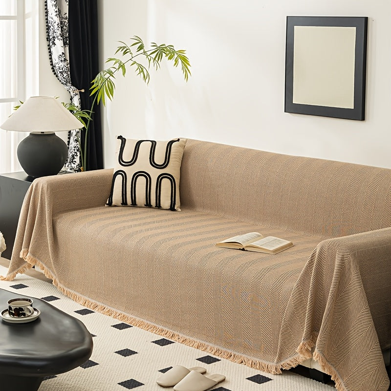Herringbone Sofa Cover with Tassels – Washable Polyester Throw for 3-Seater, 4-Seater & Large Sofas | Grey, Coffee, Green