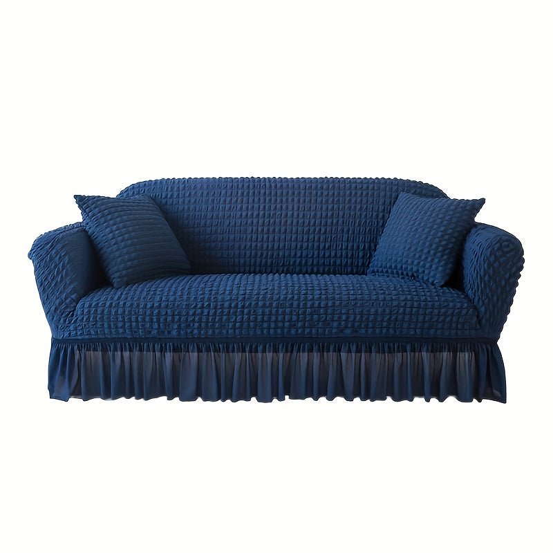 Seersucker Sofa Cover All-In-One Stretch Slipcover – Elastic Band Polyester Spandex Machine Washable Couch Protector for Armchair Loveseat 1 2 3 4 Seater Solid Color