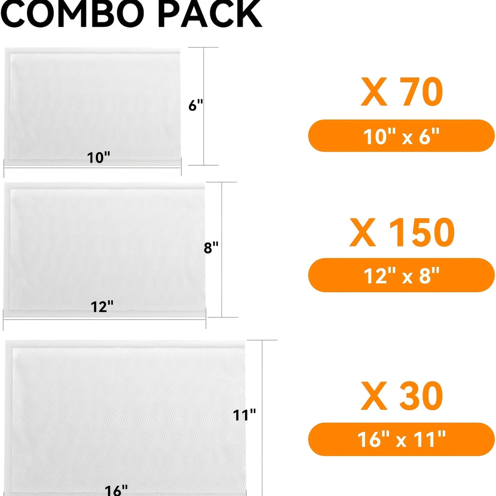250-Piece BPA-Free Vacuum Sealer Bags, 3 Sizes (6"x10" + 8"x12" + 11"x16") for Food Storage & Meal Prep — Compatible with All Vacuum Sealing Machines