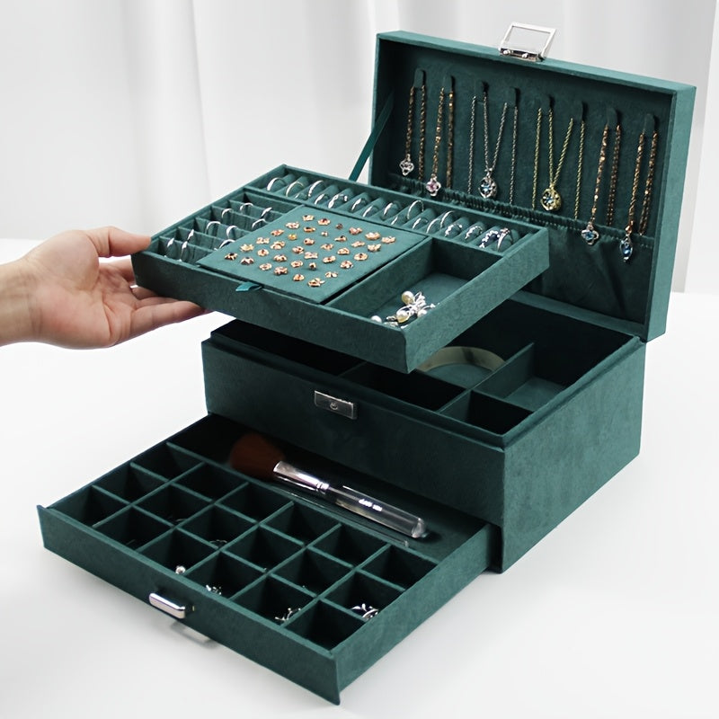 Luxury Velvet Jewelry Organizer Box with Drawers – Large Capacity High-End Jewelry Storage Case for Earrings, Rings, Necklaces & Bracelets, Travel Jewelry Box
