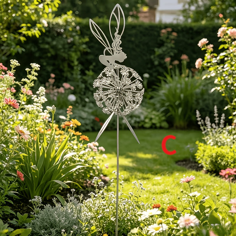 Stainless Steel Dancing Flower Fairy & Dandelion Garden Sculpture, Weather-Resistant Metal Outdoor Art Decor for Patio, Courtyard & Lawn, No Electricity Needed, Valentine's Day & Holiday Gift