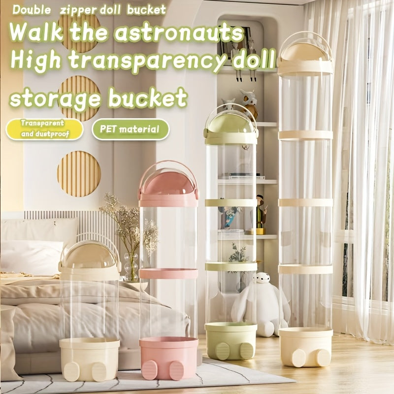 Plush Toy Storage Bucket 4-Layer Transparent Plastic with Waterproof Lid Stuffed Animal Doll Organizer Kids Room Living Room Decor Green Cream