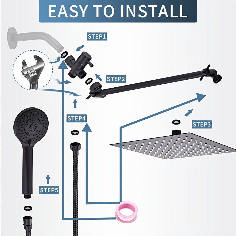 3-Way Rain Shower Head System Dual Heads with Handheld Spray High Pressure Extension Arm 8 10 12 Inch Black Chrome
