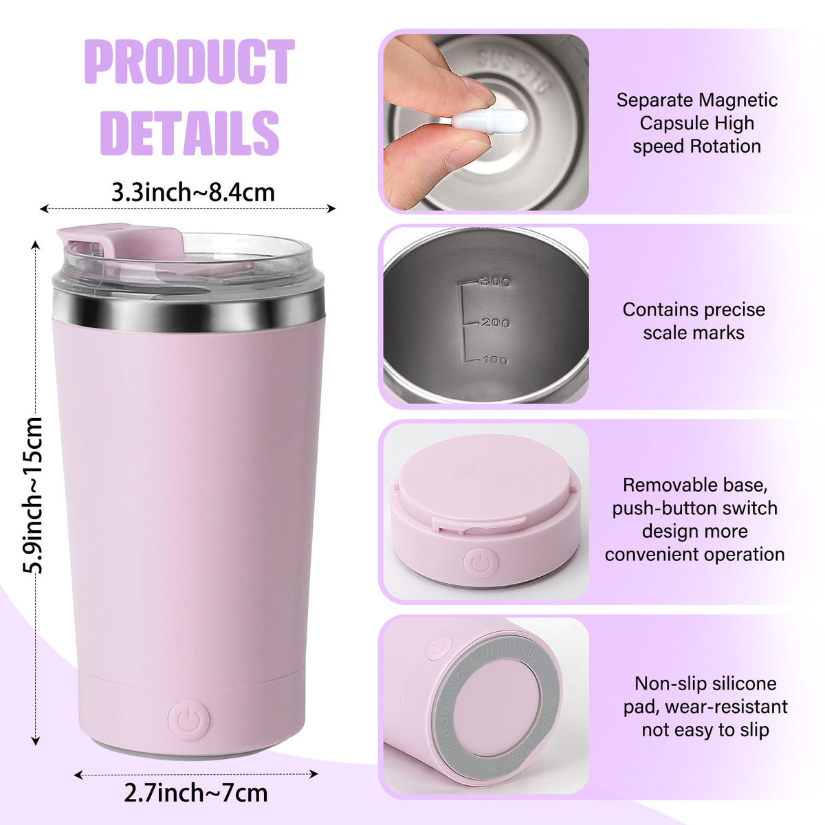 Self Stirring Mug 14oz Rechargeable – 316 Stainless Steel Automatic Magnetic Stirring Coffee Cup with Lid for Coffee, Tea & Hot Chocolate