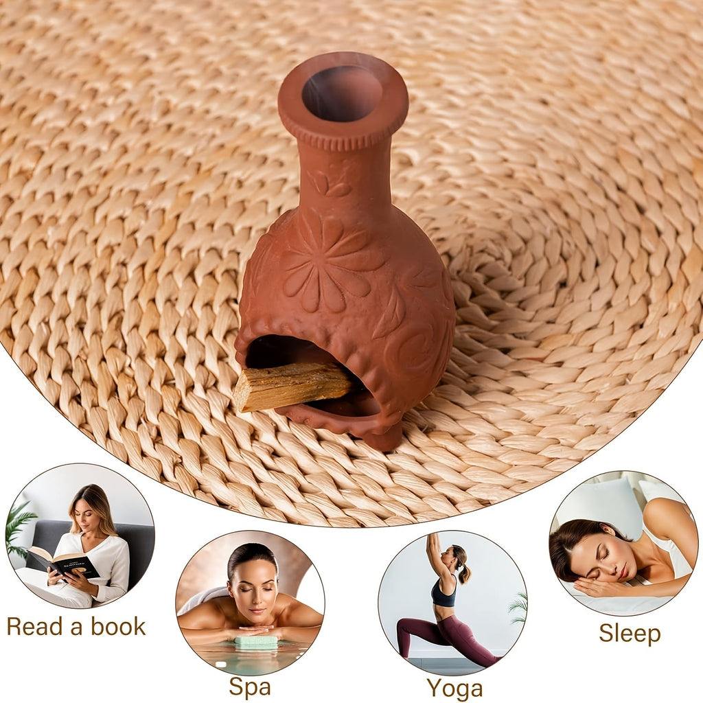 Ceramic Chiminea Incense Holder with Palo Santo Design – Handcrafted Terracotta Mini Chiminea Stick Burner for Meditation, Altar & Purification | Sage Texture Base