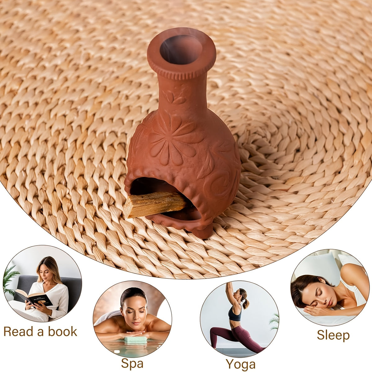 Ceramic Chiminea Incense Holder with Palo Santo Design – Handcrafted Terracotta Mini Chiminea Stick Burner for Meditation, Altar & Purification | Sage Texture Base