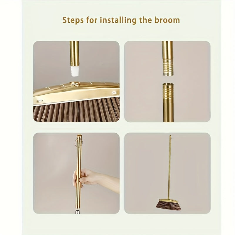 Premium Golden Stainless Steel Broom with Microfiber Bristles & 15° Angled V-Edge Dustpan – Floor-Safe, Hair-Trapping, Rubberized Bumper for Indoor & Outdoor Sweeping | Broom Only or Set