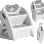 Foldable Kids Step Stool 2-Step with Non-Slip Design & Handle – Multipurpose Toddler Step Stool for Bathroom Sink, Kitchen Counter, Bedroom, Grey Pink Blue