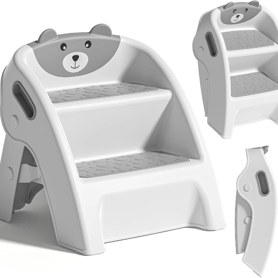 Foldable Kids Step Stool 2-Step with Non-Slip Design & Handle – Multipurpose Toddler Step Stool for Bathroom Sink, Kitchen Counter, Bedroom, Grey Pink Blue
