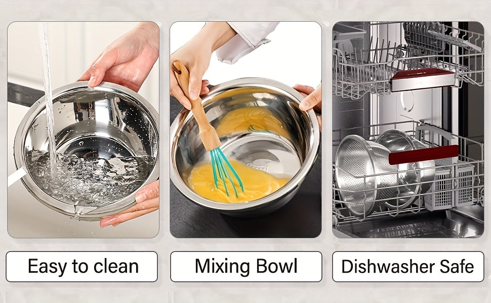 Stainless Steel Colander & Mixing Bowl Set – 304 Food-Grade Stackable Strainer Bowl for Washing Vegetables, Fruit & Rice, Dishwasher Safe Kitchen Colander, 7.09" or 11.02" Bowl + Sieve