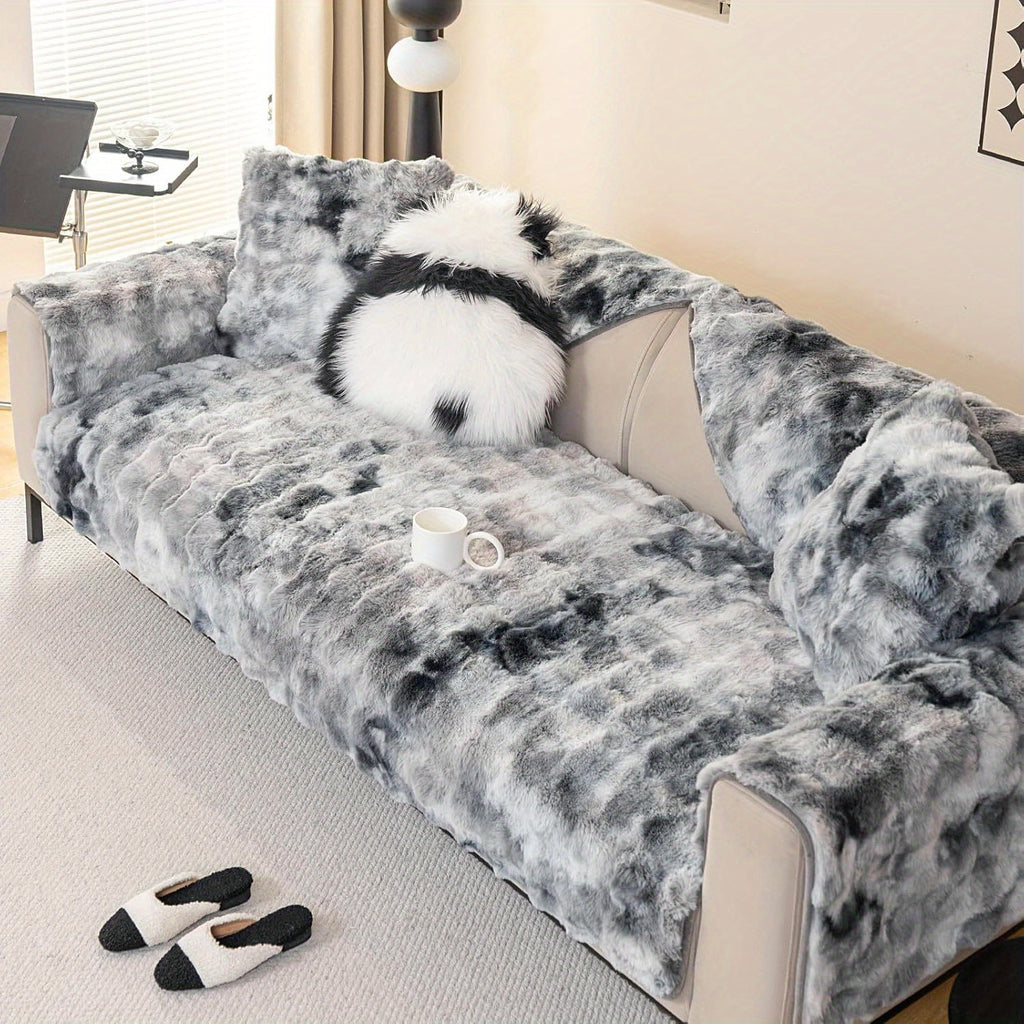 Gradient Faux Rabbit Plush Sofa Cover Non-Slip Furniture Protector – Armchair Loveseat 2 3 4 Seater Couch Cover, Armrest Backrest Pillow Case, 4 Colors 7 Sizes