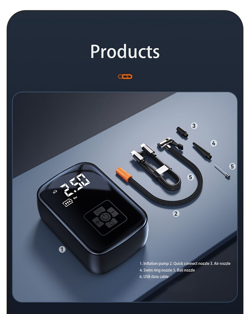 Portable Tire Inflator Cordless Air Compressor – 100W Digital Display, 4000mAh USB-C Fast Charge, 5 Modes, Multi-Nozzle, for Car Motorcycle Bicycle Tires & Sports Balls, 6 Colors