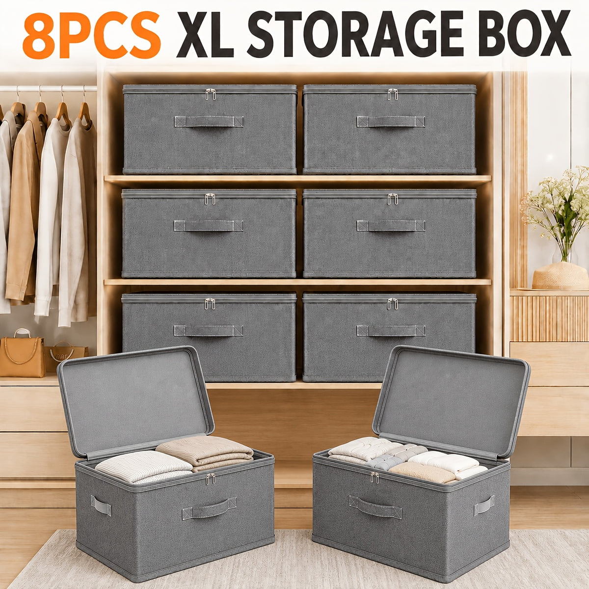 Extra Large Foldable Waterproof Storage Bins 4 or 8 Pack Collapsible Organizer Bags for Clothes Blankets Wardrobe Bedroom Kitchen Books Multi-Purpose