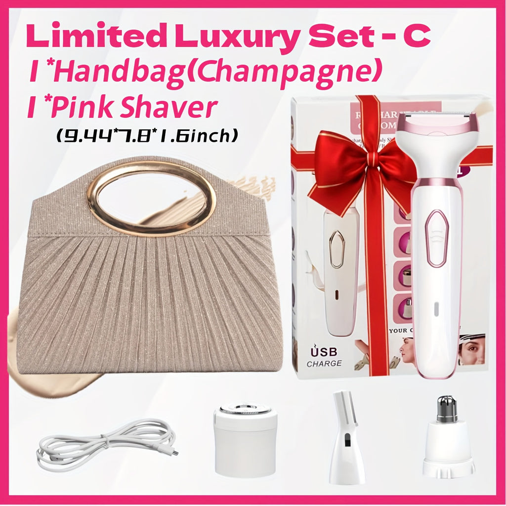 4-in-1 Electric Shaver for Women Rechargeable Grooming Kit Wet Dry Painless Lady Razor for Face Nose Legs Underarm Bikini Trimmer Luxury Gift Set