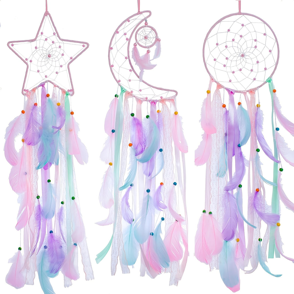 Dream Catcher Wall Decor Set of 3 – Star Moon Sun Boho Room Decor for Teen Girls & Kids Bedroom