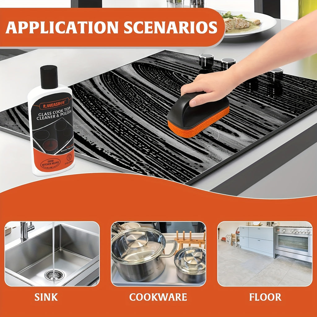 Glass Stove Top Cleaner Kit, 12oz Non-Abrasive Cooktop Cleaner & Polish – No-Scratch Formula, Removes Tough Stains, with Scrubbing Pad, Scraper & Cloth
