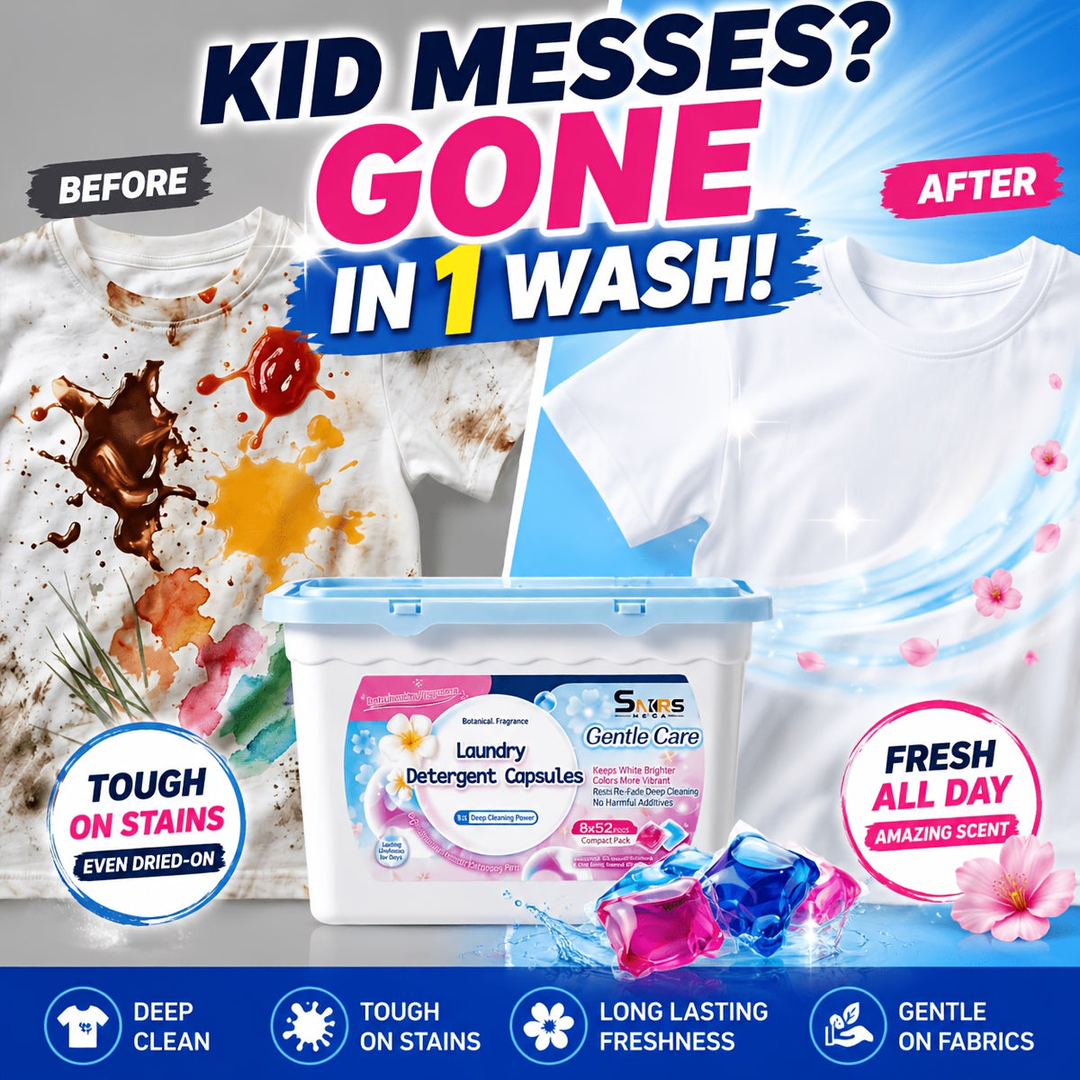 Ultra Oxi Laundry Detergent Pods 52 Count, 8X More Cleaning Power with Built-In Pre-Treater for Tough Stains, HE Compatible Concentrated Laundry Pods for Whites & Colors