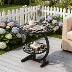 2-Tier Metal Outdoor Side Table, Floral Round Balcony & Patio Table, Sturdy Compact Design, Easy Assembly, for Patio, Courtyard, Balcony & Garden — Multiple Styles