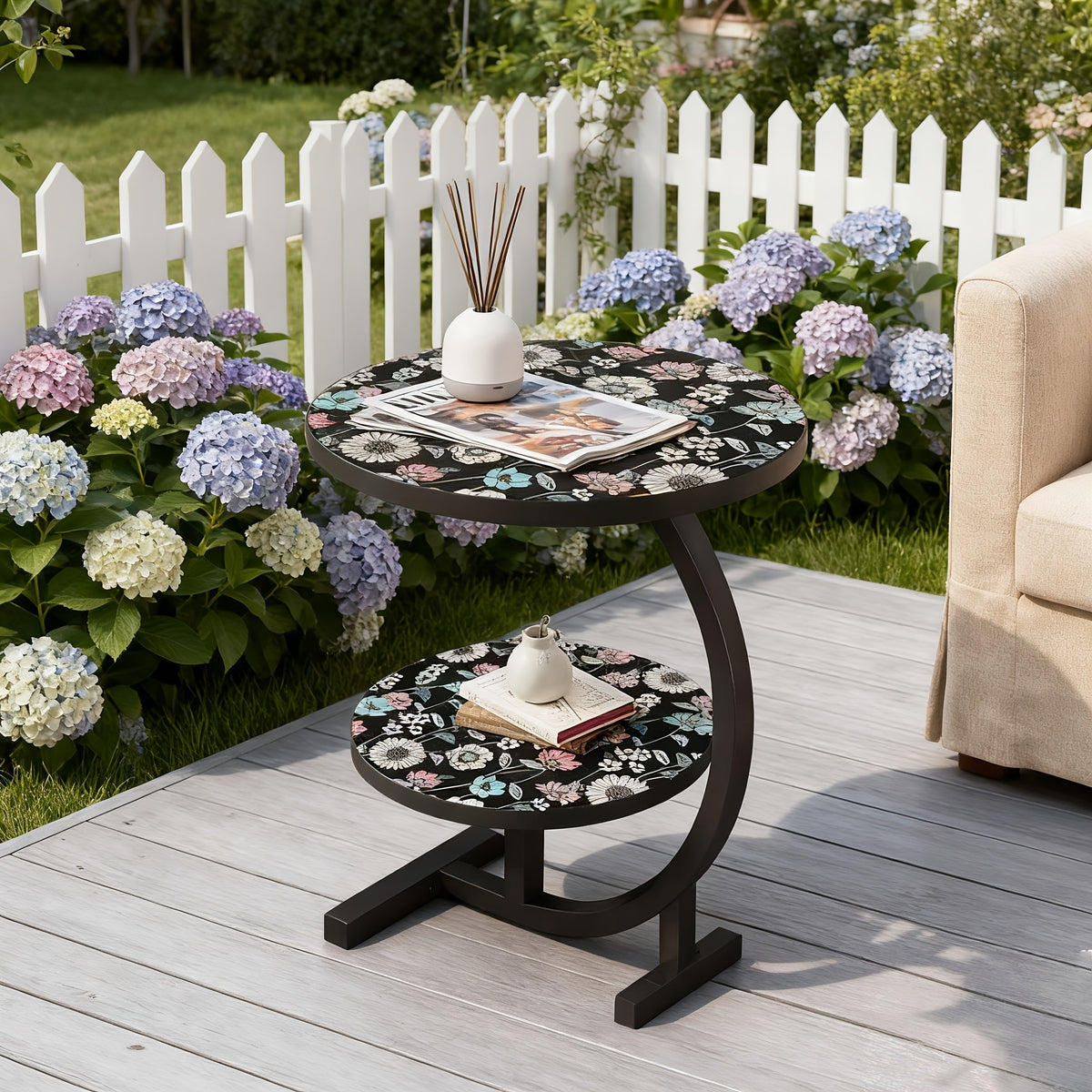 2-Tier Metal Outdoor Side Table, Floral Round Balcony & Patio Table, Sturdy Compact Design, Easy Assembly, for Patio, Courtyard, Balcony & Garden — Multiple Styles