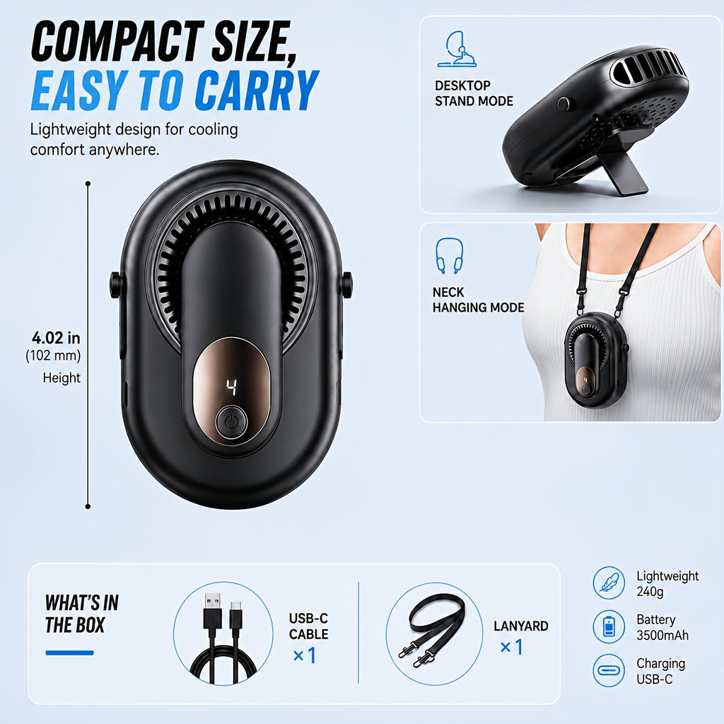 3-in-1 Portable Waist Fan USB-C Rechargeable 3500mAh – Wearable Neck Fan with Lanyard, Clip & Desk Stand, 5-Speed Hands-Free Personal Cooling Fan for Travel, Outdoor, Work & Gym