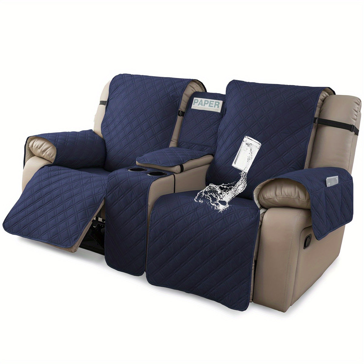 Recliner Loveseat Cover with Console 4-Piece Chenille Quilted Waterproof Slipcover | Non-Slip Pet Scratch Resistant Sofa Protector with Cup Holder Pocket, 9 Colors