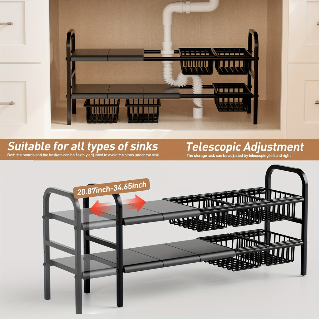 Under Sink Organizer 2 Tier Expandable Cabinet Shelf with 5 Removable Panels 5 Baskets Adjustable Kitchen Bathroom Under Sink Storage Rack Black Space-Saving Cabinet Organizer