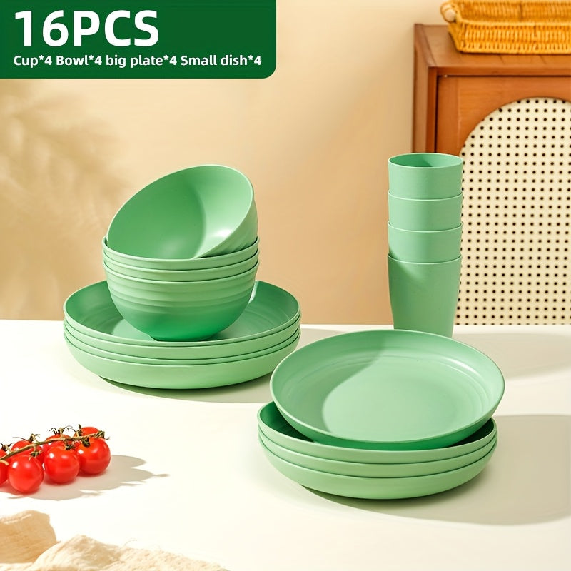 16/32-Piece Wheat Straw Dinnerware Set – Microwave & Dishwasher Safe Plates, Bowls & Cups – Lightweight Unbreakable Tableware for Family Gatherings, Birthday Parties & Camping