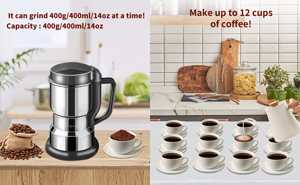Electric Coffee Bean Grinder 300W 400g/14oz, 8-Blade Stainless Steel, One-Touch Button, Grinds Up to 36 Cups in 10 Seconds – Also for Spices, Grains & Nuts