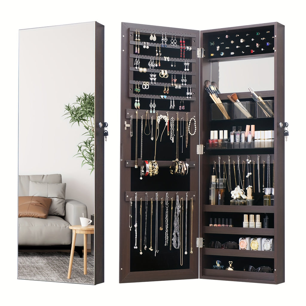 Full Length Mirror Jewelry Armoire Cabinet 2-in-1 Lockable Over-the-Door Organizer with Jewelry Storage for Makeup Accessories – Hanging Mirror with Baskets Bins Hooks for Bedroom