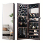 Full Length Mirror Jewelry Armoire Cabinet 2-in-1 Lockable Over-the-Door Organizer with Jewelry Storage for Makeup Accessories – Hanging Mirror with Baskets Bins Hooks for Bedroom